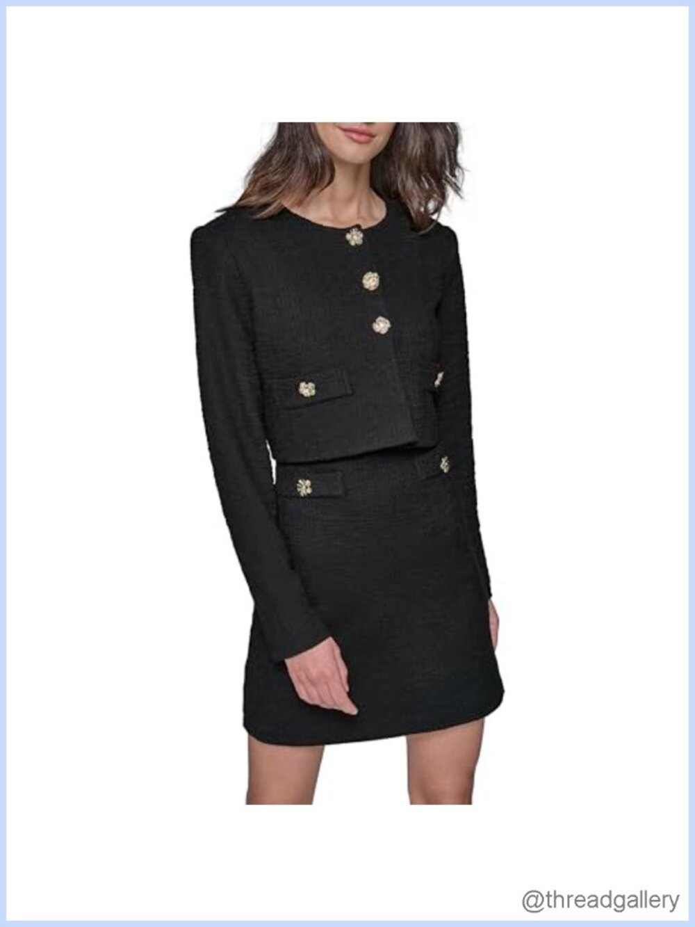 Long Sleeve Buttoned Cropped Tweed Blazer Jacket Scoop Neck